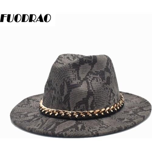 FUODRAO New Wool Fedoras Hats Women Autumn Winter Snake Print Chain Wide Brim Panama Jazz Caps Vintage Cowboy Hat Men F113