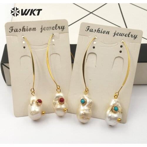 WT-E527 Baroque Pearl Earring White Pearl With Double Gem-stones Charm Women Ear Wire Earring Natural Pearl Earring Jewelry