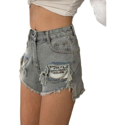 Vintage Wash Sky Blue High Waist Denim Shorts Womens New Hole Letter Pocket Chain Hot Pants