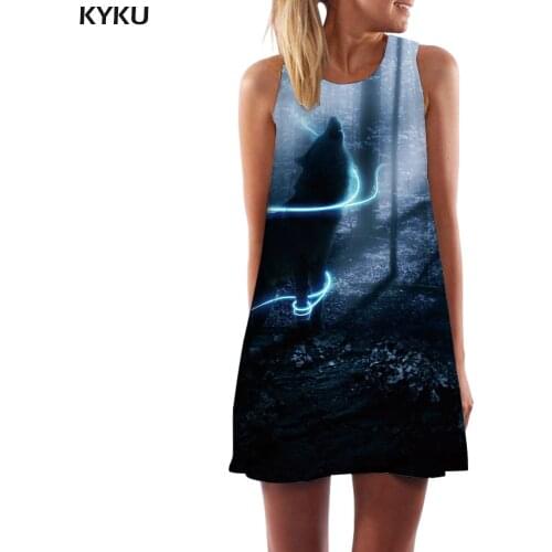 KYKU Wolf Dress Women Forest Office Animal Tank Lightning Beach Black Short Womens Clothing Casual Gothic Large Sizes