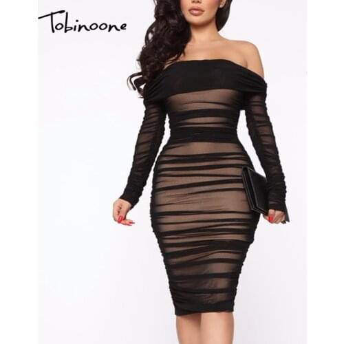 Tobinoone Double Layer Mesh Sexy Party Dress Off Shoulder Elegant Women Dress Ruched 2020 Spring Summer Bodycon Short Dresses