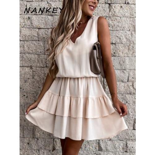 NANKEY Khaki Women Sleeveless Dress V-Neck Summer Casual Short Ruffle Sleeve Dress 2021 Summer High Waist Female Dressemale