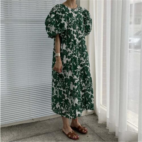 RUGOD Floral Print Vintage Chic Loose Maxi Dress for Ladies O-neck Puff Sleeve Female Sundresses Vintage Casual Womens Clothing