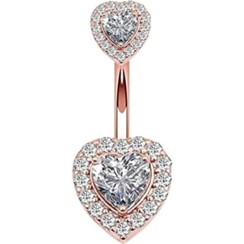 14G Double Heart Cubic Zirconia Navel Belly Button Ring Surgical Steel Piercing Jewelry