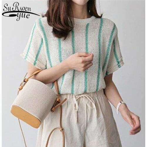 2021 Summer New Round Neck Striped Women top All-match Fashion Top Simple Slim-Fit Knitted Short Sleeve Blouse Women 8789 50