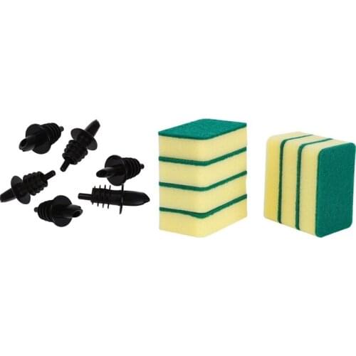 6Pcs Plastic Free Flow Liquor Spirit Bottle Pourer Bar Wine Cocktail Drinks & 10x Kitchen Sponge Scratch Free