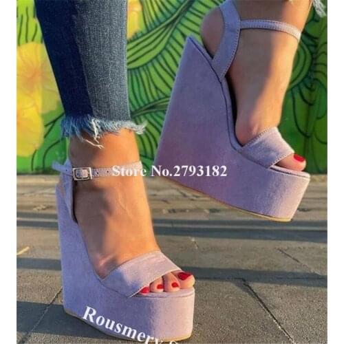 Western Fashion Open Toe Suede Leather High Platform Wedge Sandals One Strap Pink Super High Wedges Height Increased Shoes