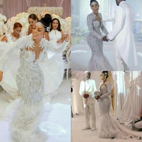 Charbel zoe Elie saab Yousef alijasmi Mermaid Wedding Dresses 2020 Long sleeve White Feather Bridal Dress Go Zuhair Kylie Jenner
