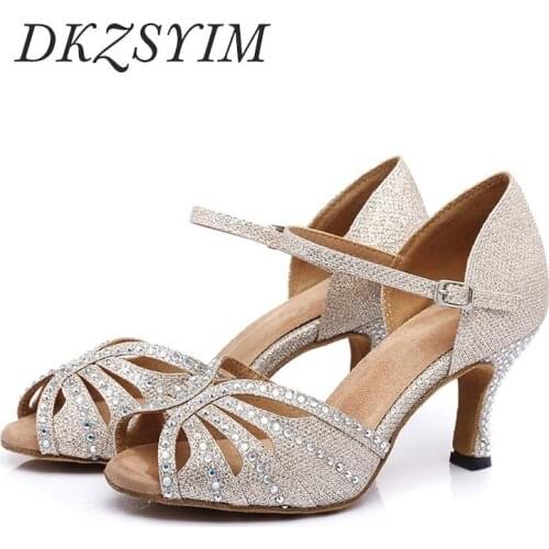 DKZSYIM Rhinestone Latin Dance Shoes For Women High Quality Tango Ballroom Dancing Shoes Soft Dance Sandals High Heels 3-10CM