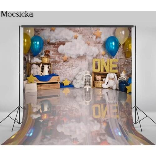 Newborn Children 1st Birthday Cake Smash Photography Backdrop Balloons Golden Stars Baby Shower Portrait Background Photo Studio