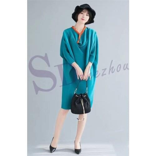 HOT SELLING Miyake fashion fold dress Button v-neck loose dress IN STOCK