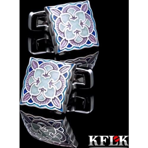 KFLK Jewelry shirt Fashion cufflinks for mens Brand Blue enamel cuff links Luxury Wedding Button Male High Quality guests