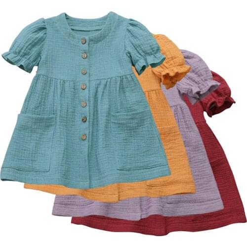 Summer Cotton Hemp Solid Color Princess Middle And Small Childrens Girls Dress