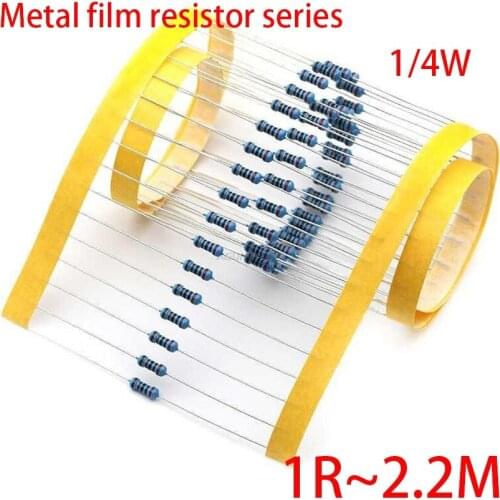 100pcs Metal film resistor series 1/4W 1R~2.2M 1% 100R 220R 1K 1.5K 2.2K 100 220 1K5 4.7K 10K 22K 47K 100K 2K2 4K7 ohm