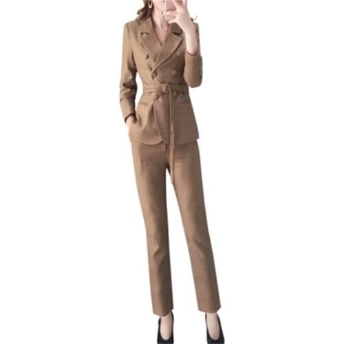 Fashion Plaid Suit suit female spring New womens High-end Temperament British style slim double-breasted suit two-piece suit