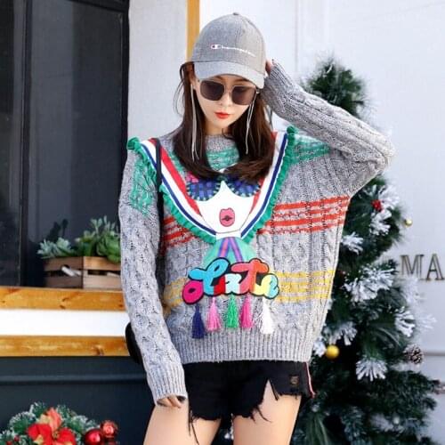 2020 Fashion The New Loose Stripe Tassel Contrast Color Knitting Sweater Free Shipping