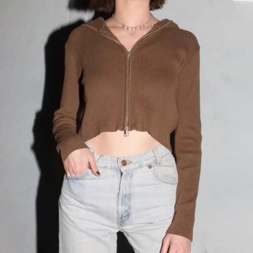 Fashion Women Knitted Sweater Cardigan 2020 Autumn Winter Simple Solid Color Zipper Sexy Crop Top Lady Casual Slim Sweater Coat
