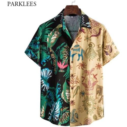 Patchwork Hawaiian Beach Shirt Men 2021 Summer Short Sleeve Tropical Aloha Shirts Fashion Mens Party Holiday Clothing Chemise