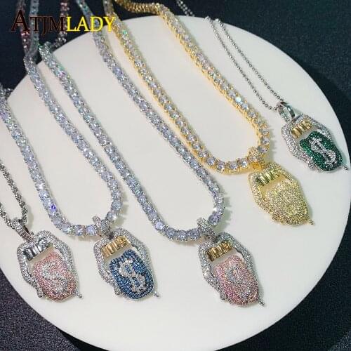 Iced Out White Pink Mouth Pendant Dollar Symbol Engraved Hiphop Bling CZ Pave Tennis Chain Tongue Lip Men Boy Necklace Jewelry