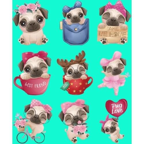 Set Of Pug DIY Patches Iron-on Transfers Patches Kids Clothes Stickers A-level Washable Heat Press Applique Parches Badges
