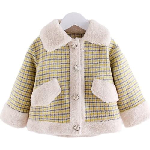 2021 new Plus thick velvet Lambsool Girls Plaid Long Jackets Coat Toddler Winter Clothes 1-6Years Children Overcoat