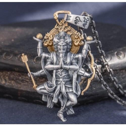 BOCAI New Real solid s999 pure silver handwork green face diamond Buddha pendant retro original design evil spirit man pendant