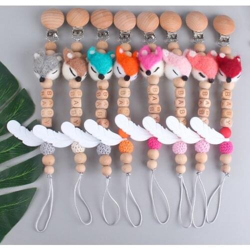 New Cartoon Fox Pendant Pacifier Chain Baby Teething Beads Bead Beech Clips Pacifier Crochet Beaded Bag Wood Teether Tiny Clips