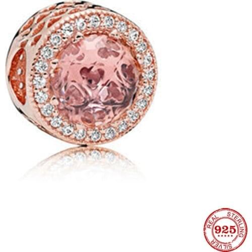 New Original Rose Gold Pink Pave Round Openwork Bead Fit European Pandora Charms Bracelet Bangles Diy Jewelry P086-R