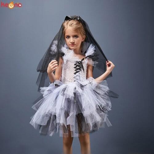 Halloween Zombie Bride Girls Tutu Dress with Veil Glitter Sparkle Tulle Kids Corpse Ghost Costume for Purim Carnival Party Dress
