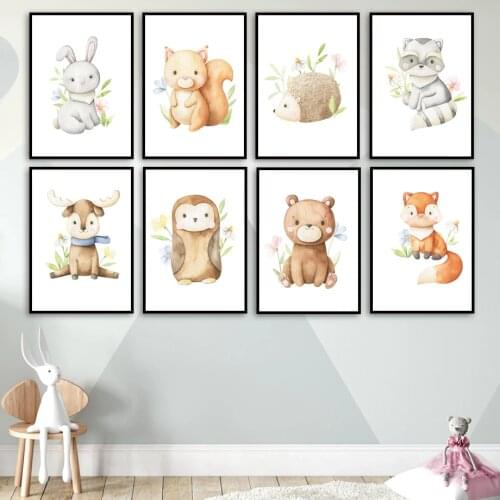Deer Bear Rabbit Fox Owl Raccoon Nursery Wall Art Print Canvas Painting Nordic Poster Child Wall Pictures Baby Kids Room Decor