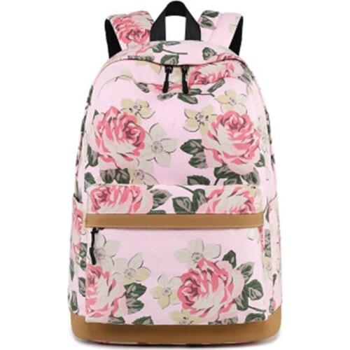 Waterproof fashion rose print school backpack with 15.6-inch laptop set cute girls shoes girl backpack USB student bag female