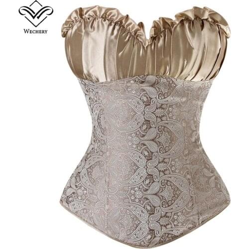 Wechery Satin Vintage Corset Tops Zip Jacquard Bustiers Women Strapless Overbust Corselet Sexy Plus Size 6XL Lingerie Corsage