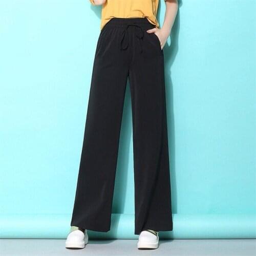 Office Lady 2020 Summer Chiffon Wide Leg Pants Women Autumn Drawstring Elastic Waist Maxi Trousers Streetwear Plus Szie 7XL