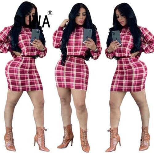 Womens New Casual Fashion Slim Plaid Printed 2 Pieces Skirt Set Fall/Winter Hedging Top Mini Skirt Party Outfits