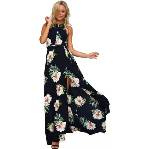 2019 Women Halter Neck Chiffon Dress Floral Print Sleeveless Split Backless Long Dress Elegant Hollow Out Beach Maxi Boho Dress