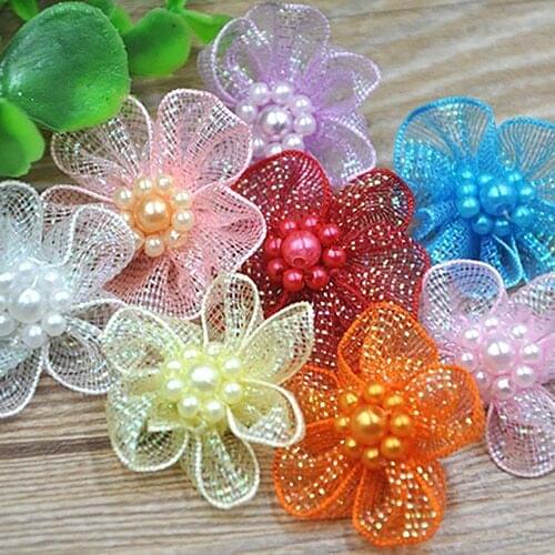 10 Pcs Mixed Color Mini Organza Ribbon Bead Flower Wedding DIY Craft Appliques DIY Hair-bow Garment Sewing Accessories
