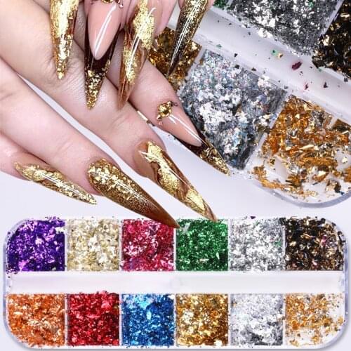 12 Colors Gold Foils Nails Glitter Aluminum Flakes Paillette Metallic Nail Powder Gold Silver Nail Foils Sticker 3D Nail Decorat