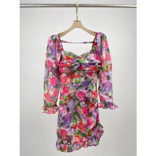 2021 New Sexy Mini Dress Square Collar 3/4 Lantern Sleeve Autumn Slim Ladies Floral Print Dress Party