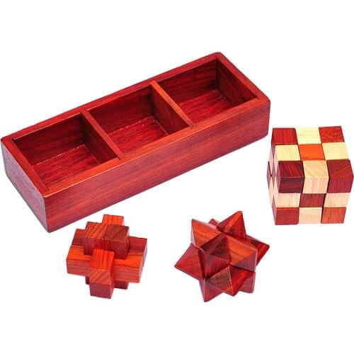 3Pcs Kongming Luban Lock Wooden Puzzle Brain Teasers Educational Toy for Children (with a Storage Wooden Box)