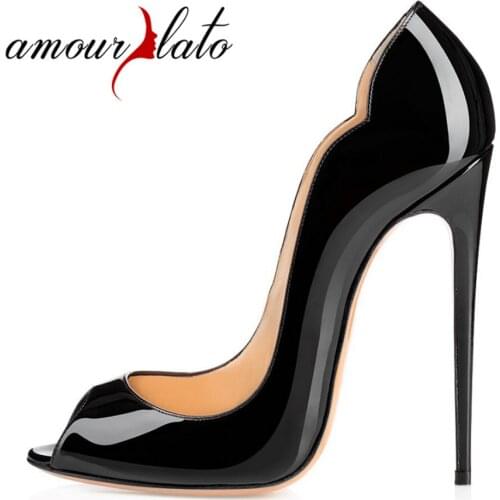Amourplato Women Peep Toe High Heels Sexy Patent Pumps Slip On Cut Out Stilettos Party Evening Dress Shoes 12cm Thin Heels Pumps