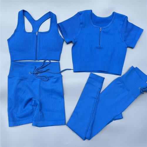 Seamless Yoga Gym Set Women Fitness Clothing Sportswear Sport Leggings Shorts Short Sleeve Sports Yoga Suits Zipper Sports Bra