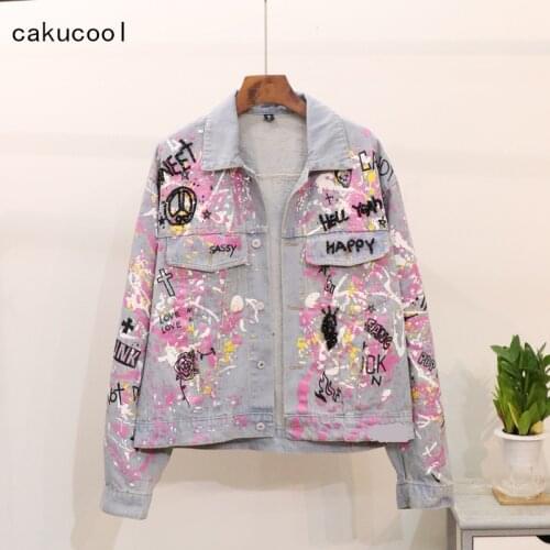 Cakucool Denim jacket Women graffiti spray painted Jeans Coat Bomber Jacket Long Sleeves Novelty Letters Beading Outwear Female