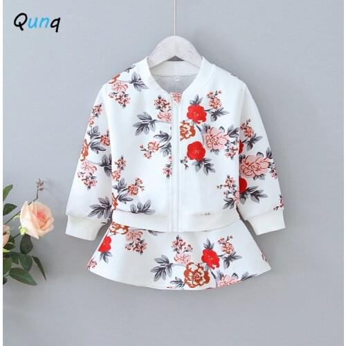 Qunq Spring Fall Floral Girls Clothing Set Zipper Coat Skirt Two Piece Kids Suits White Casual Baby Toddler Children Costume