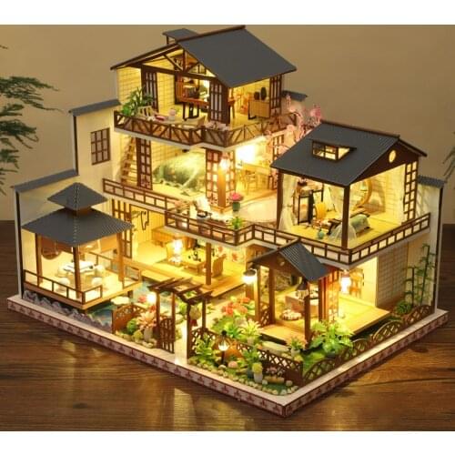 New DIY Japanese Architecture Wooden Dollhouse Assembled Miniature with Furniture Big Casa Doll House Toys for Girls Adult Gift