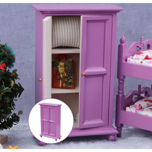Purple 1:12 Scale Wooden Wardrobe Armoire Doll House Bedroom Furniture Toy
