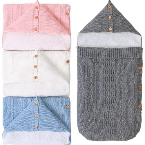 Baby Sleeping Bag Plush Home Outdoor Winter Warm Knitting Hat Buttons Wrapped Swaddling Clothes