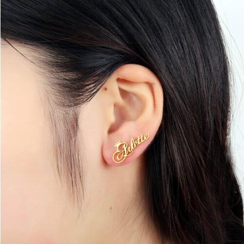 Dainty Crown Earrings Customized Name Stud Earrings For Women Girl Gold Color Jewelry Stainless Steel Nameplate Birthday Gifts