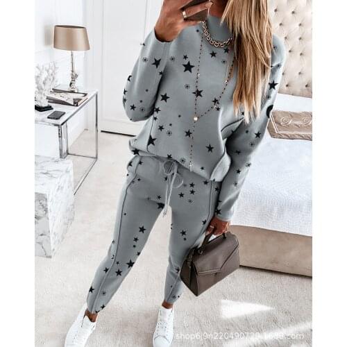 New sports suit womens star print top + pants suit casual fashion trend two-piece suit