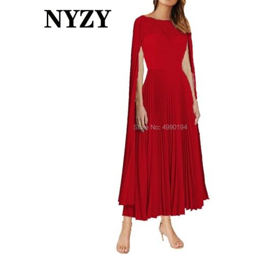 NYZY M299 Red Pleats Chiffon Dress Party Prom Cocktail Formal Evening Gown Cape Long Sleeves Mother of the Bride Dresses 2020