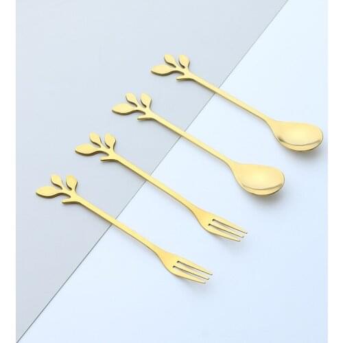 Creative Leaf Spoon Stainless Steel Coffee Spoon Stirring Spoon Household Fruit Fork Golden Ice Cream Spoon Dessert Spoon